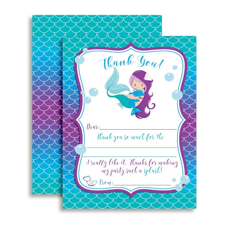 Amanda Creation Magical Mermaid Thank You Notes for Kids, Ten 4" x 5.5" Fill In The Blank Cards with 10 White Envelopes by AmandaCreation - Image 1
